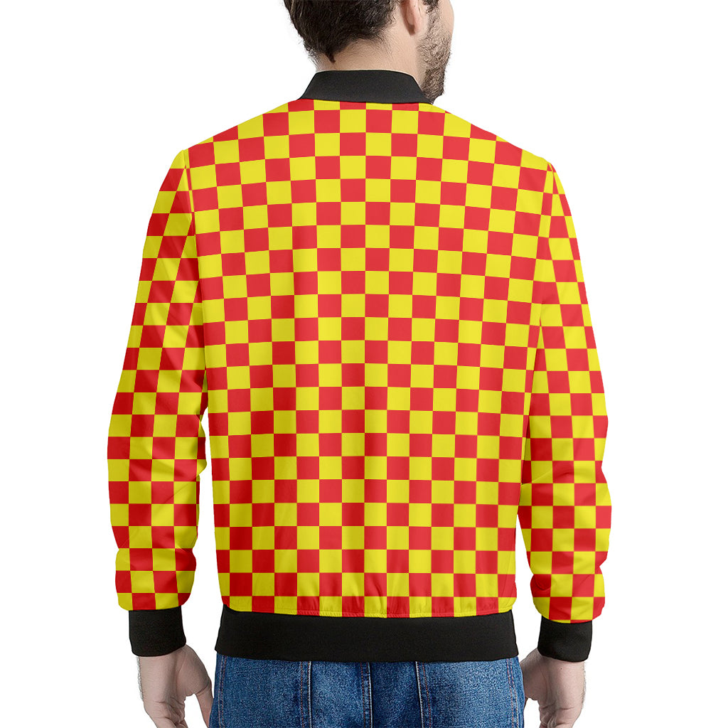Red And Yellow Checkered Pattern Print Men's Bomber Jacket