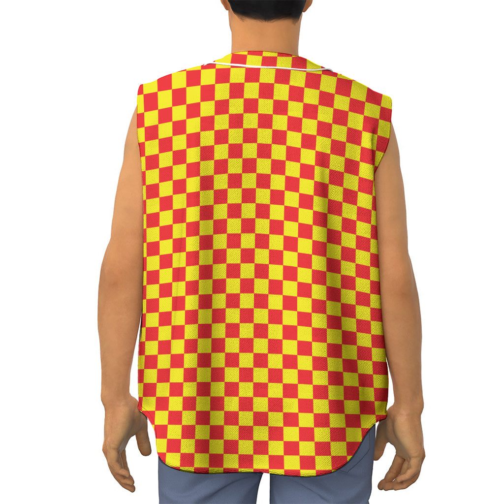 Red And Yellow Checkered Pattern Print Sleeveless Baseball Jersey