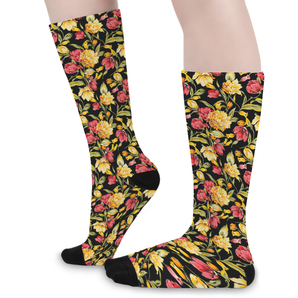 Red And Yellow Flowers Print Long Socks