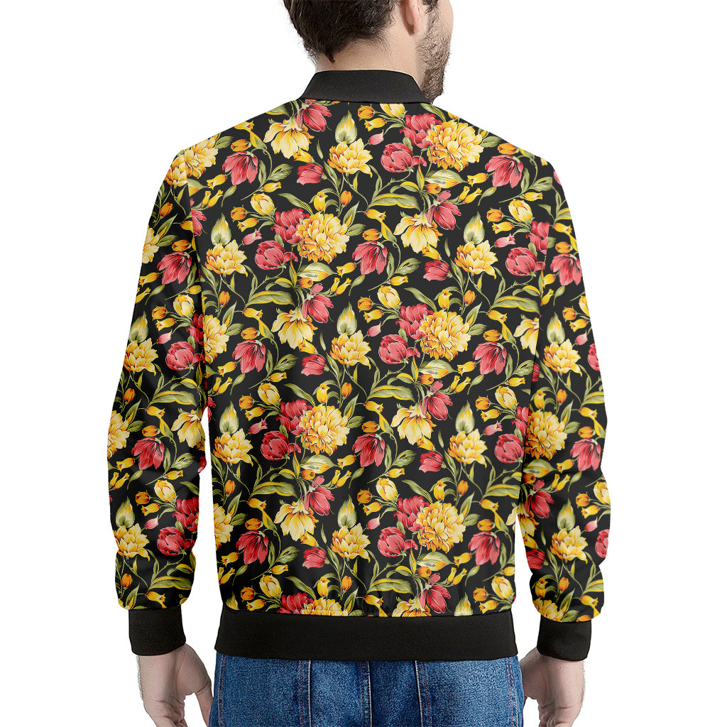 Red And Yellow Flowers Print Men's Bomber Jacket