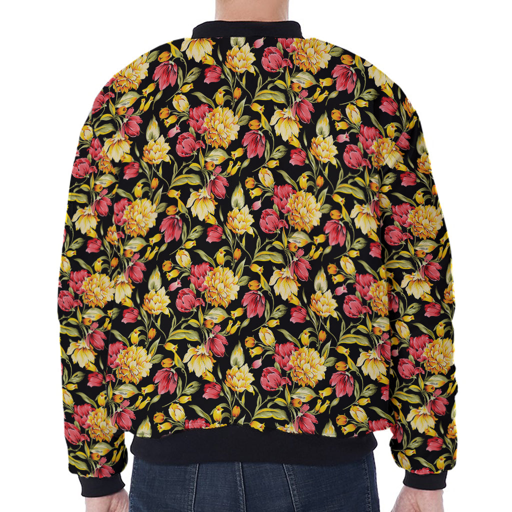 Red And Yellow Flowers Print Zip Sleeve Bomber Jacket