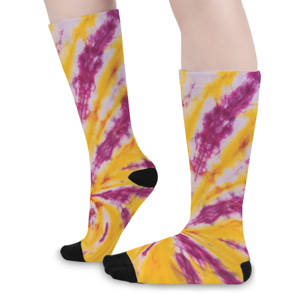 Red And Yellow Spider Tie Dye Print Long Socks