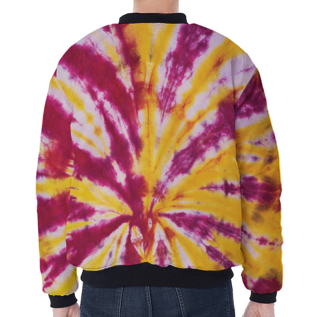 Red And Yellow Spider Tie Dye Print Zip Sleeve Bomber Jacket