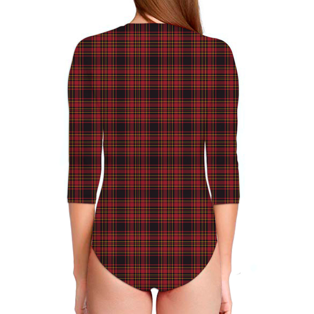 Red And Yellow Tartan Pattern Print Long Sleeve Swimsuit