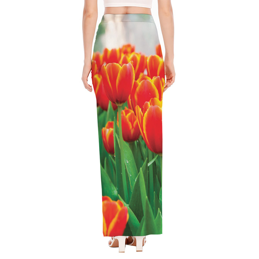 Red And Yellow Tulip Print High Slit Maxi Skirt