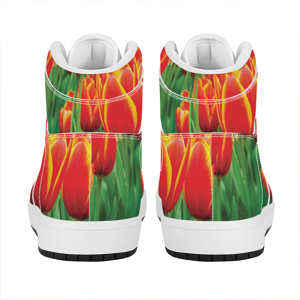 Red And Yellow Tulip Print High Top Leather Sneakers