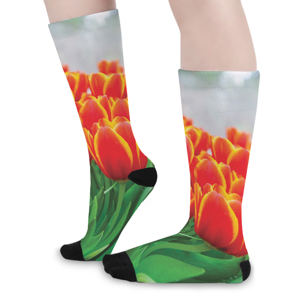 Red And Yellow Tulip Print Long Socks