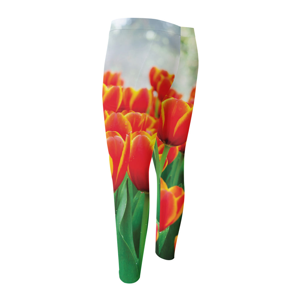 Red And Yellow Tulip Print Men's Compression Pants