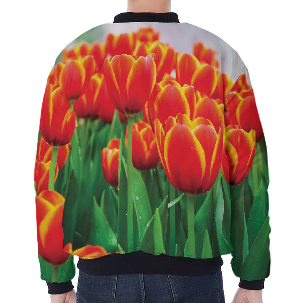 Red And Yellow Tulip Print Zip Sleeve Bomber Jacket