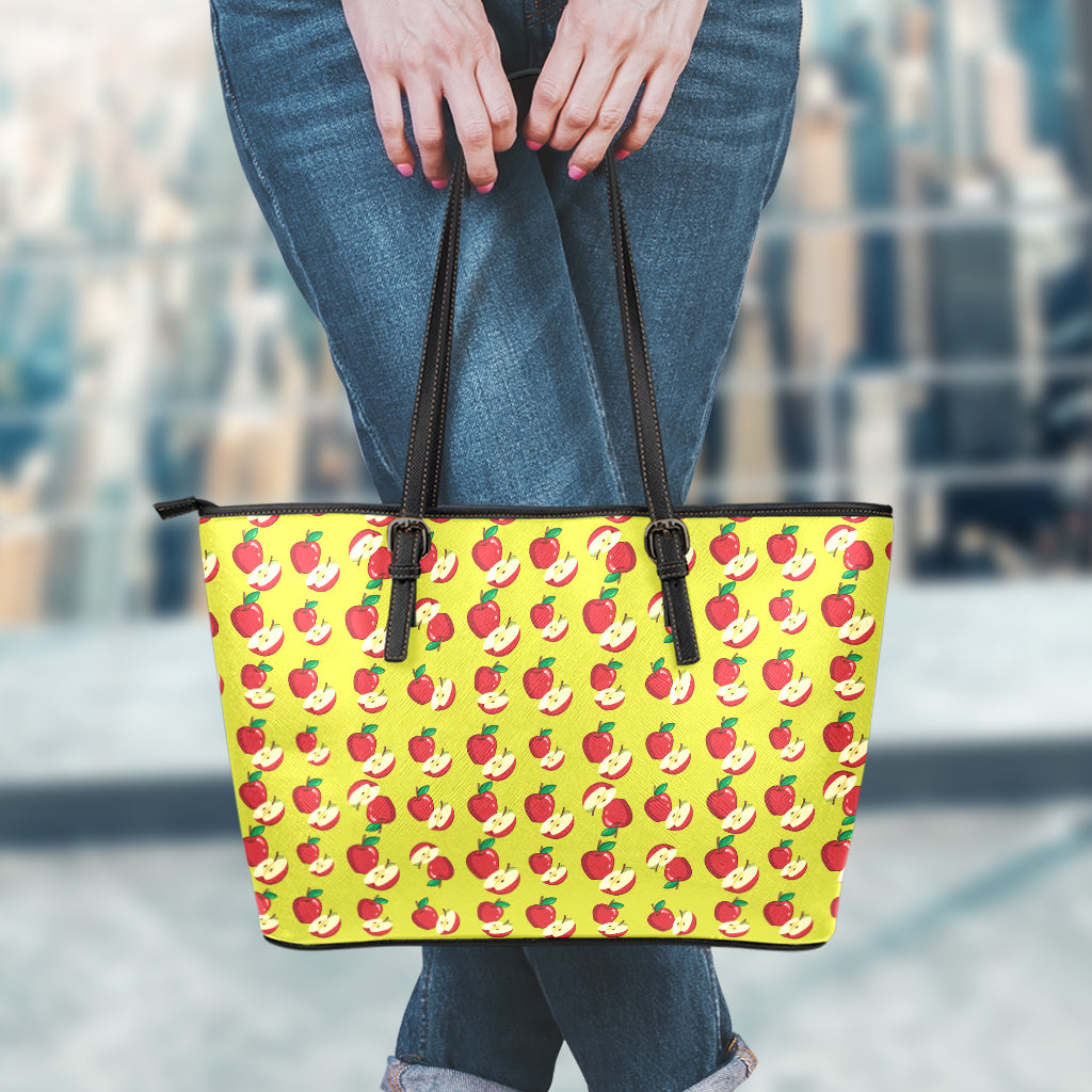 Red Apple Fruit Pattern Print Leather Tote Bag