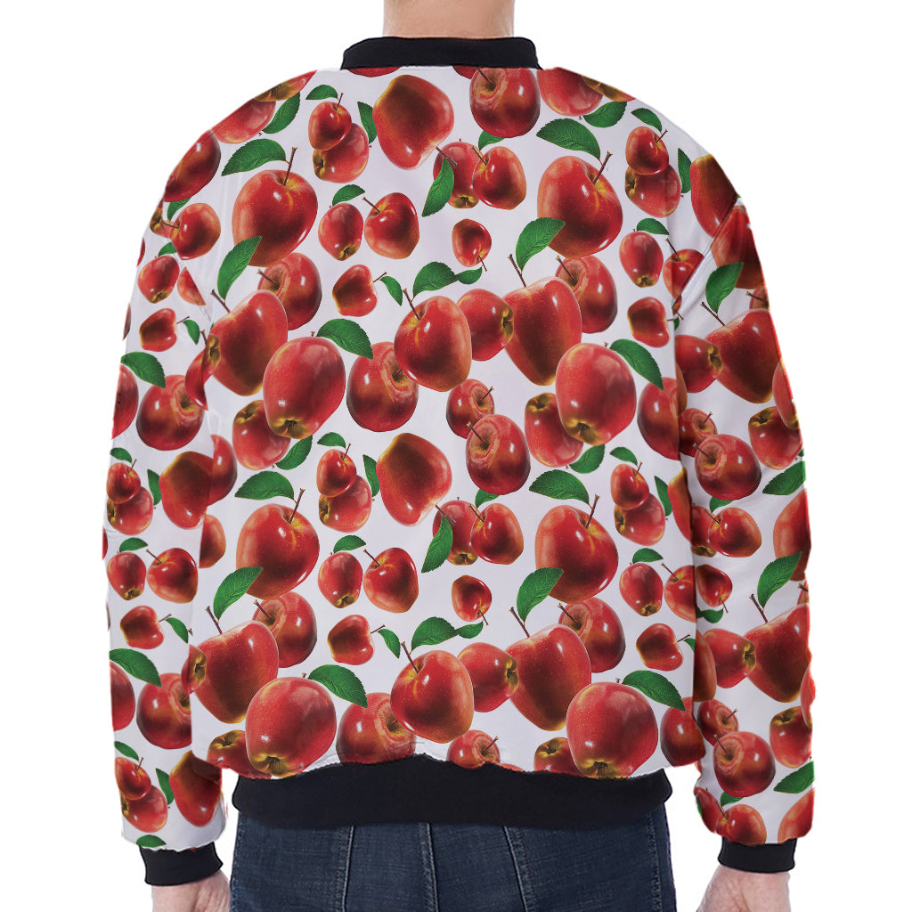 Red Apple Pattern Print Zip Sleeve Bomber Jacket