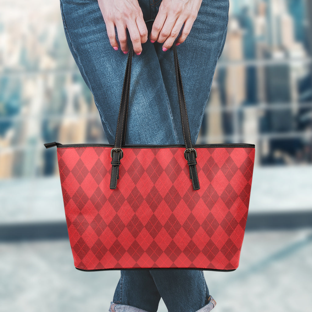 Red Argyle Pattern Print Leather Tote Bag
