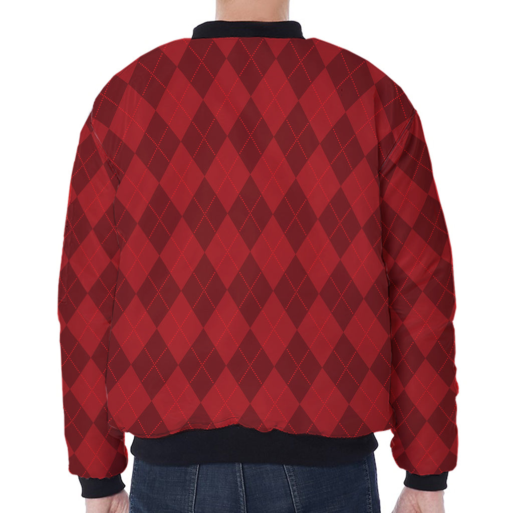 Red Argyle Pattern Print Zip Sleeve Bomber Jacket