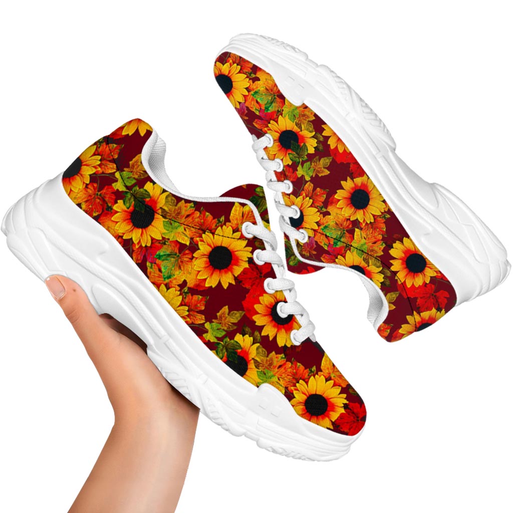 Red Autumn Sunflower Pattern Print White Chunky Shoes