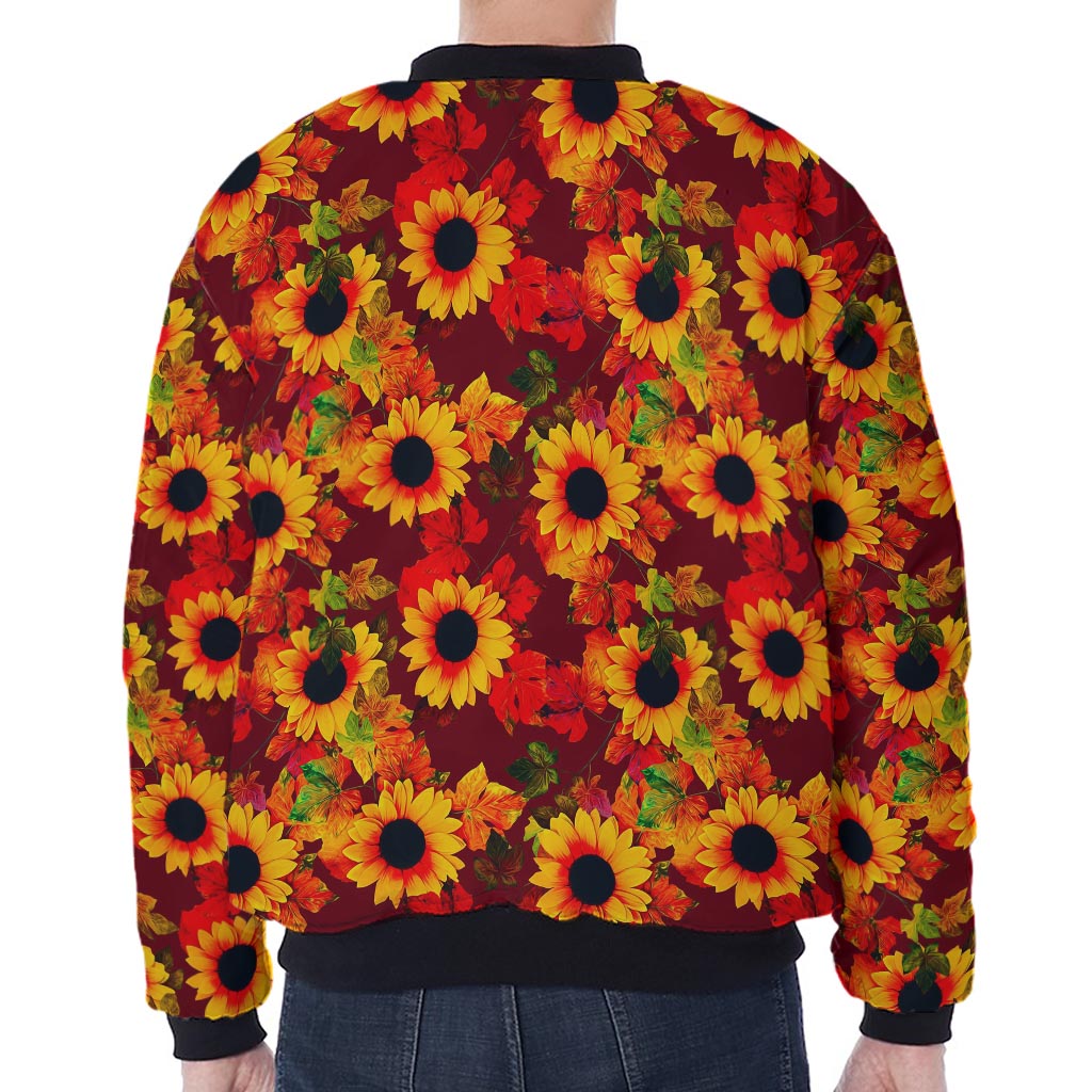 Red Autumn Sunflower Pattern Print Zip Sleeve Bomber Jacket