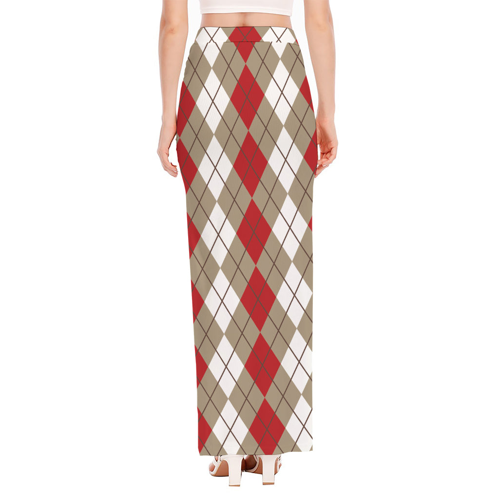 Red Beige And White Argyle Pattern Print High Slit Maxi Skirt