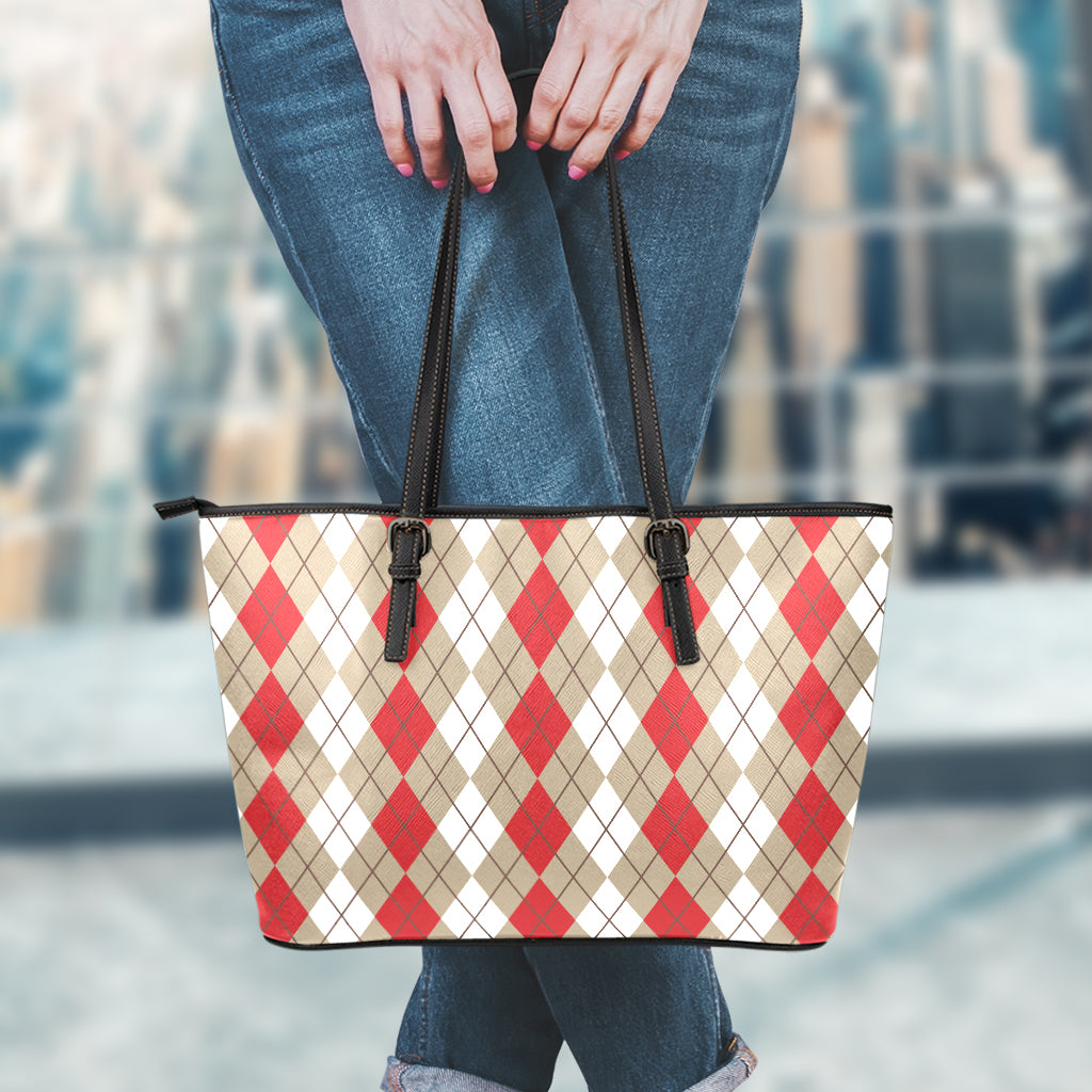 Red Beige And White Argyle Pattern Print Leather Tote Bag