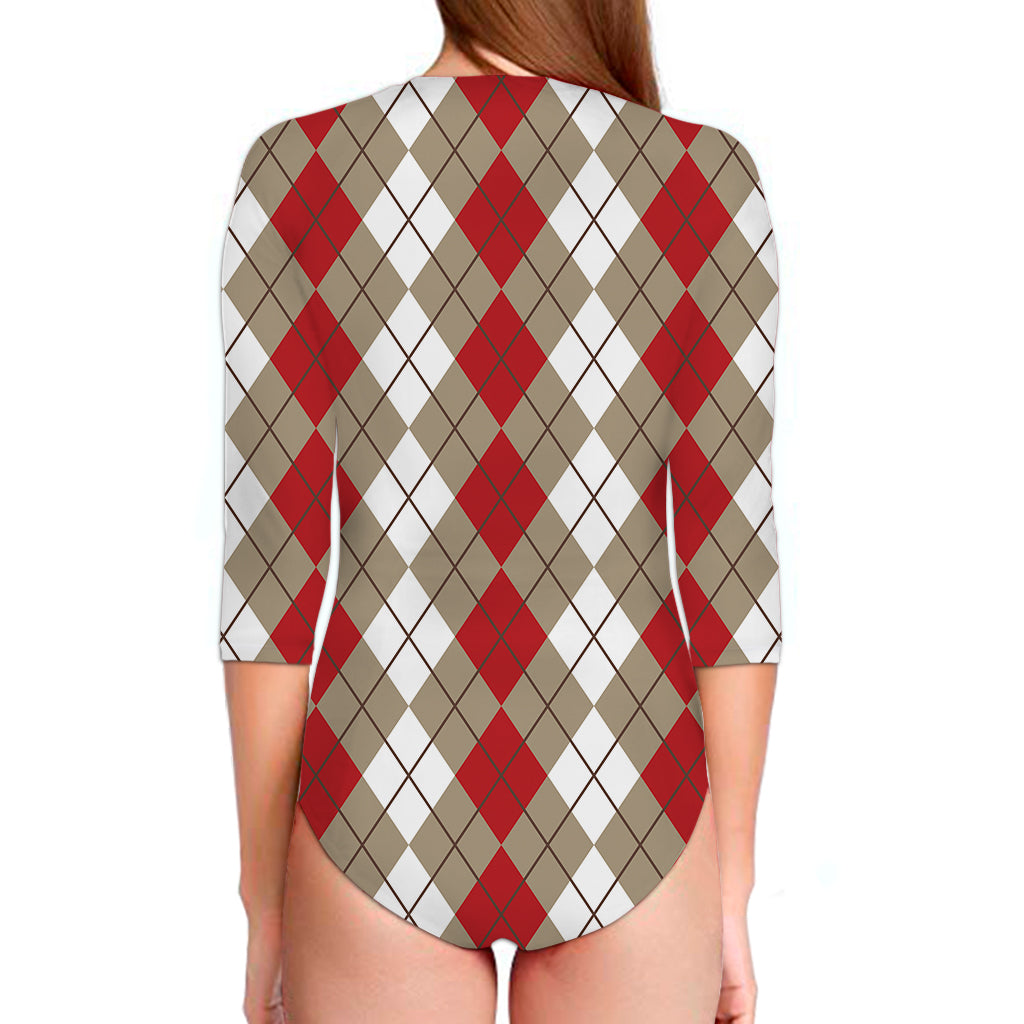 Red Beige And White Argyle Pattern Print Long Sleeve Swimsuit