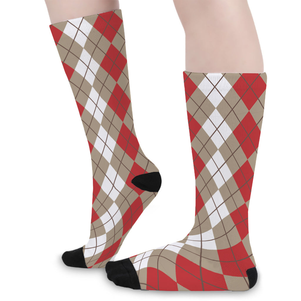 Red Beige And White Argyle Pattern Print Long Socks