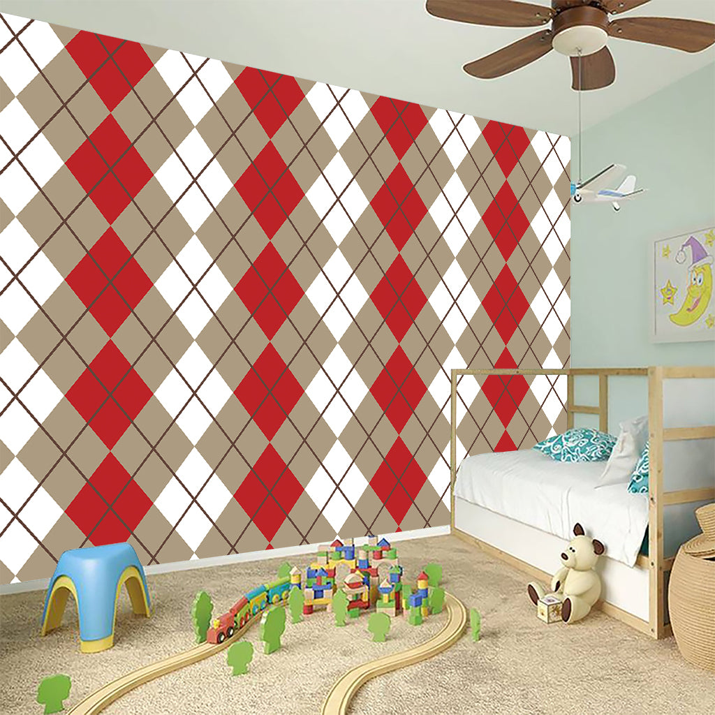 Red Beige And White Argyle Pattern Print Wall Sticker