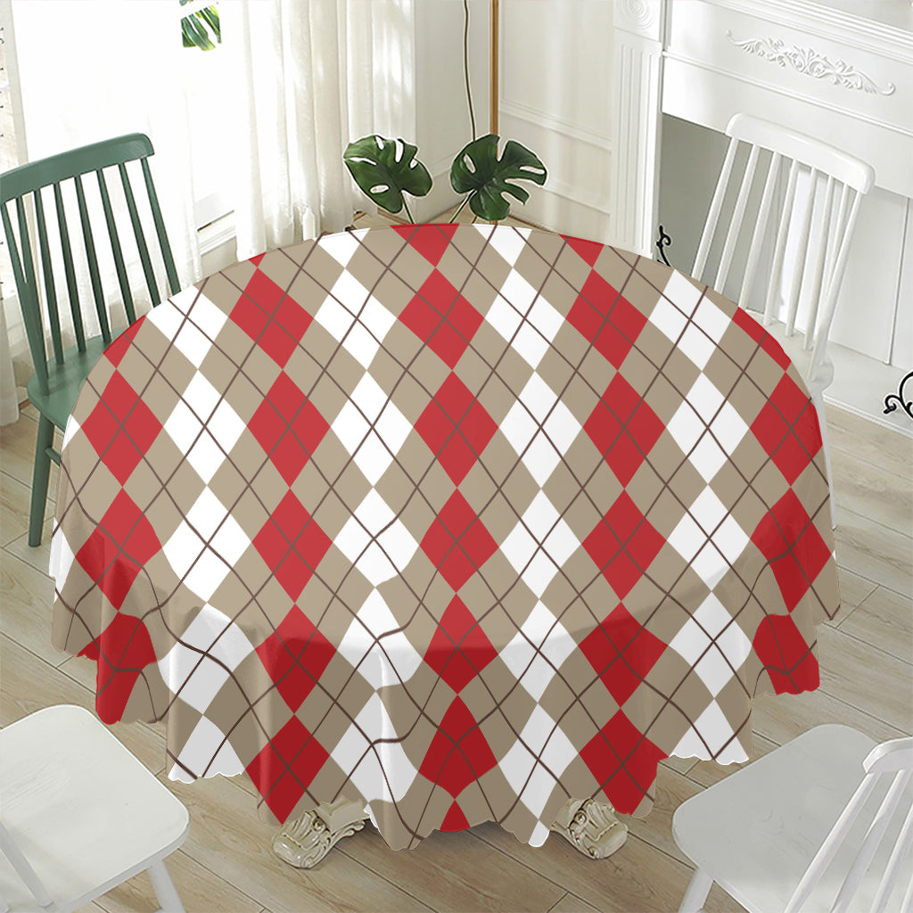 Red Beige And White Argyle Pattern Print Waterproof Round Tablecloth