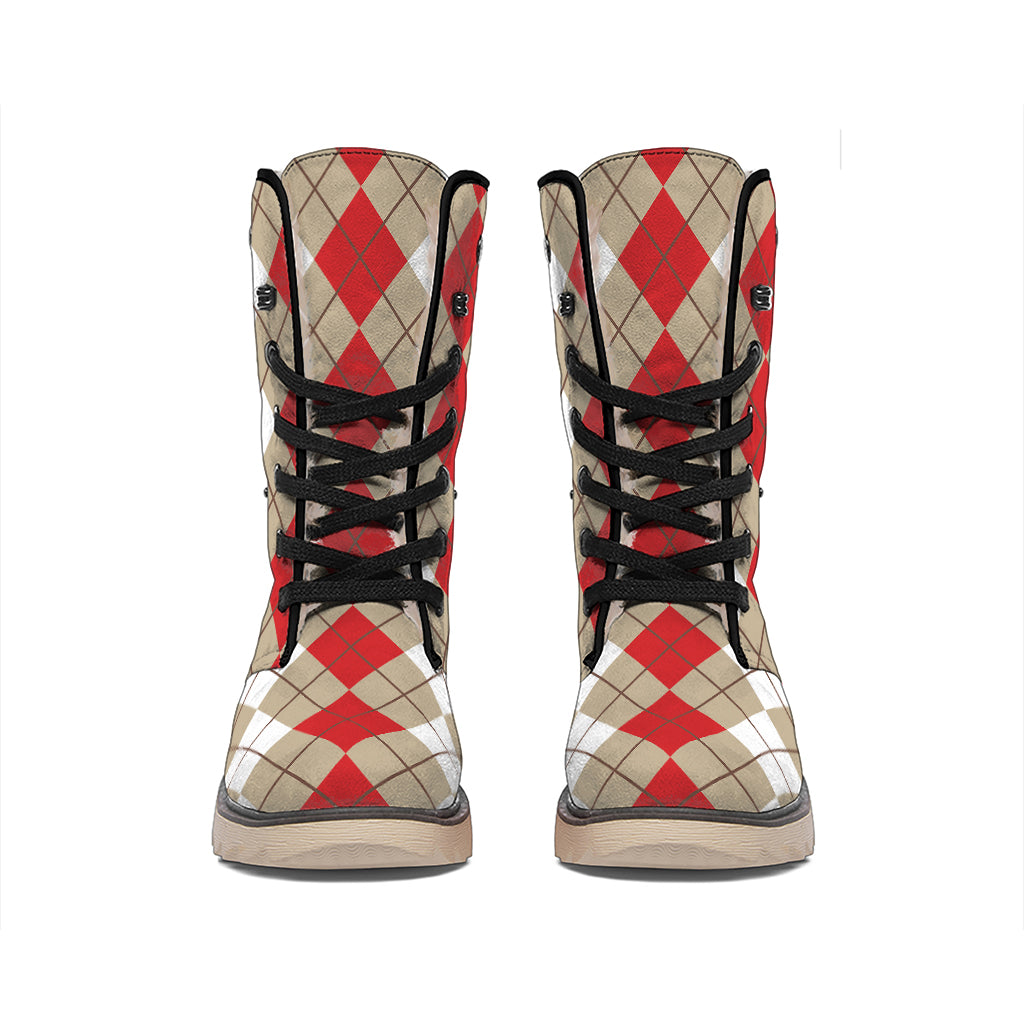 Red Beige And White Argyle Pattern Print Winter Boots