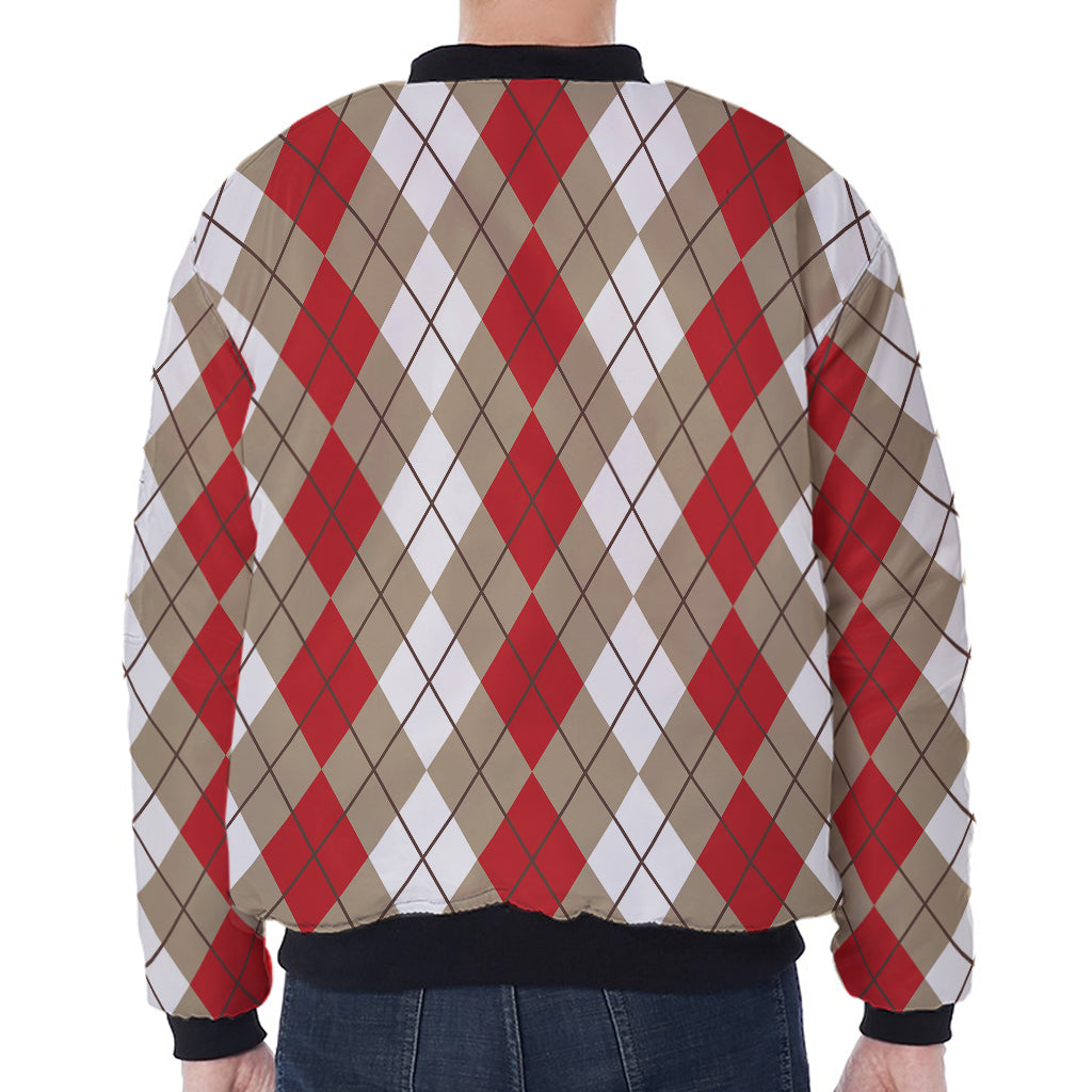 Red Beige And White Argyle Pattern Print Zip Sleeve Bomber Jacket