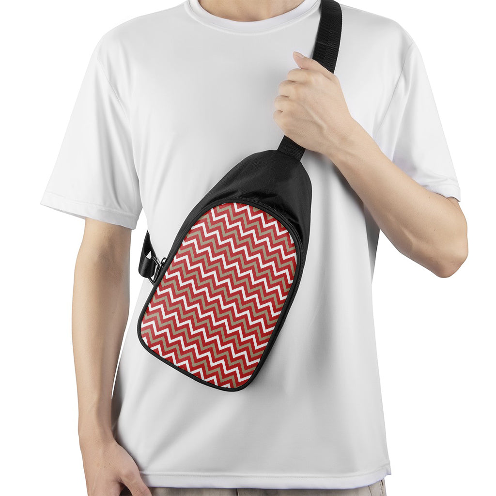 Red Beige And White Chevron Print Chest Bag