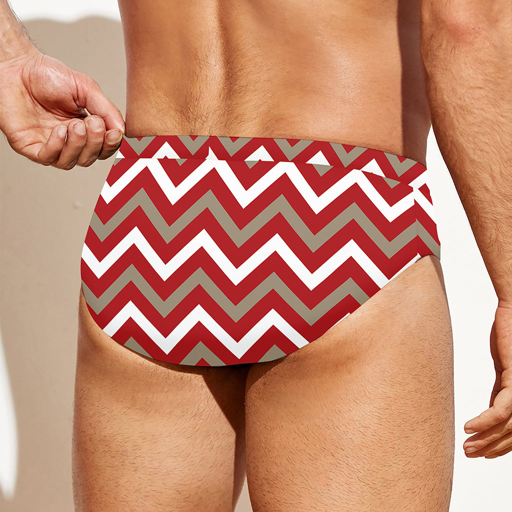 Red Beige And White Chevron Print Men's Swim Briefs