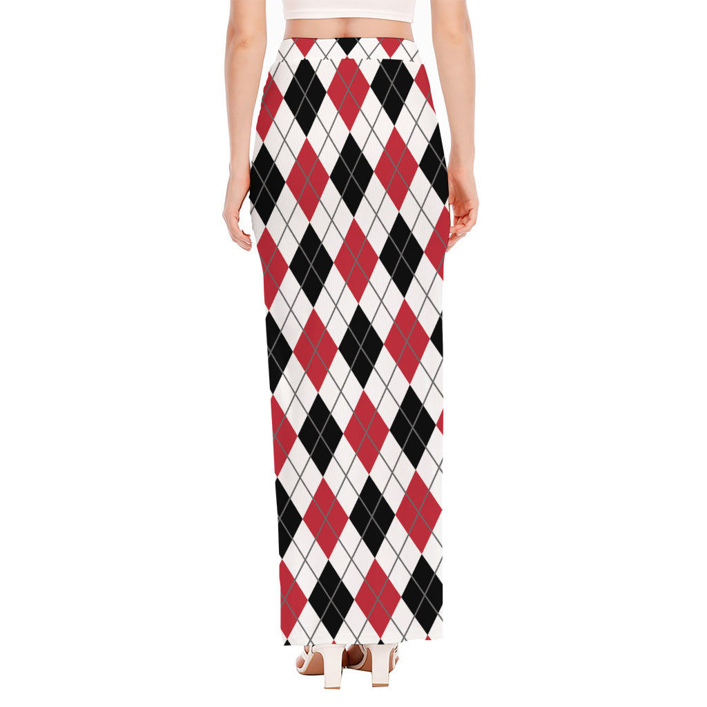 Red Black And White Argyle Pattern Print High Slit Maxi Skirt