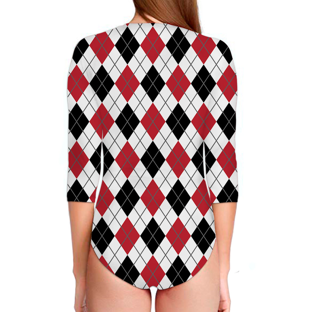 Red Black And White Argyle Pattern Print Long Sleeve Swimsuit