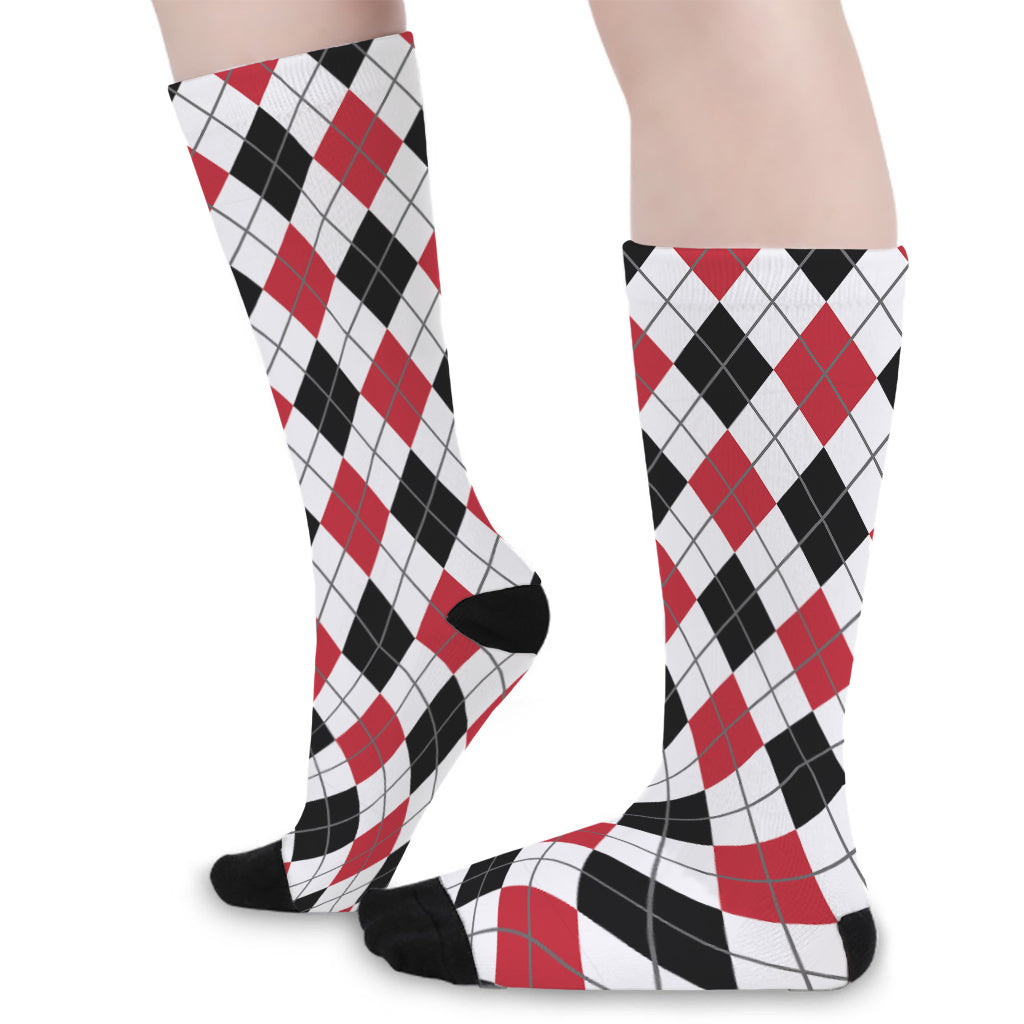 Red Black And White Argyle Pattern Print Long Socks