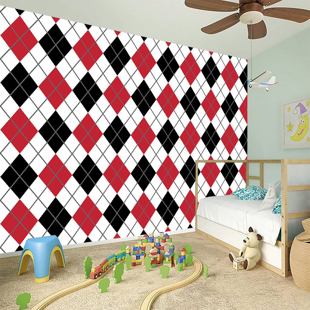 Red Black And White Argyle Pattern Print Wall Sticker