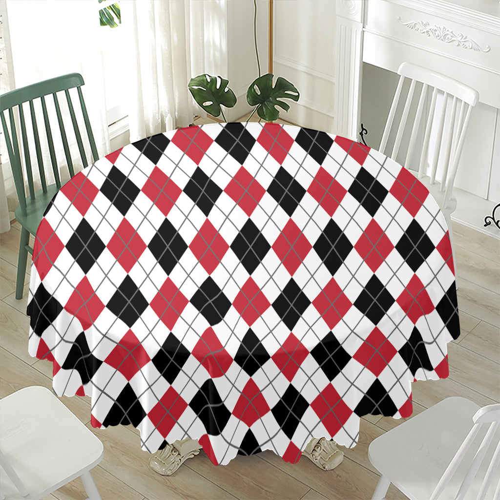 Red Black And White Argyle Pattern Print Waterproof Round Tablecloth