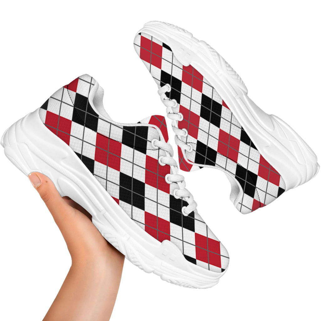 Red Black And White Argyle Pattern Print White Chunky Shoes