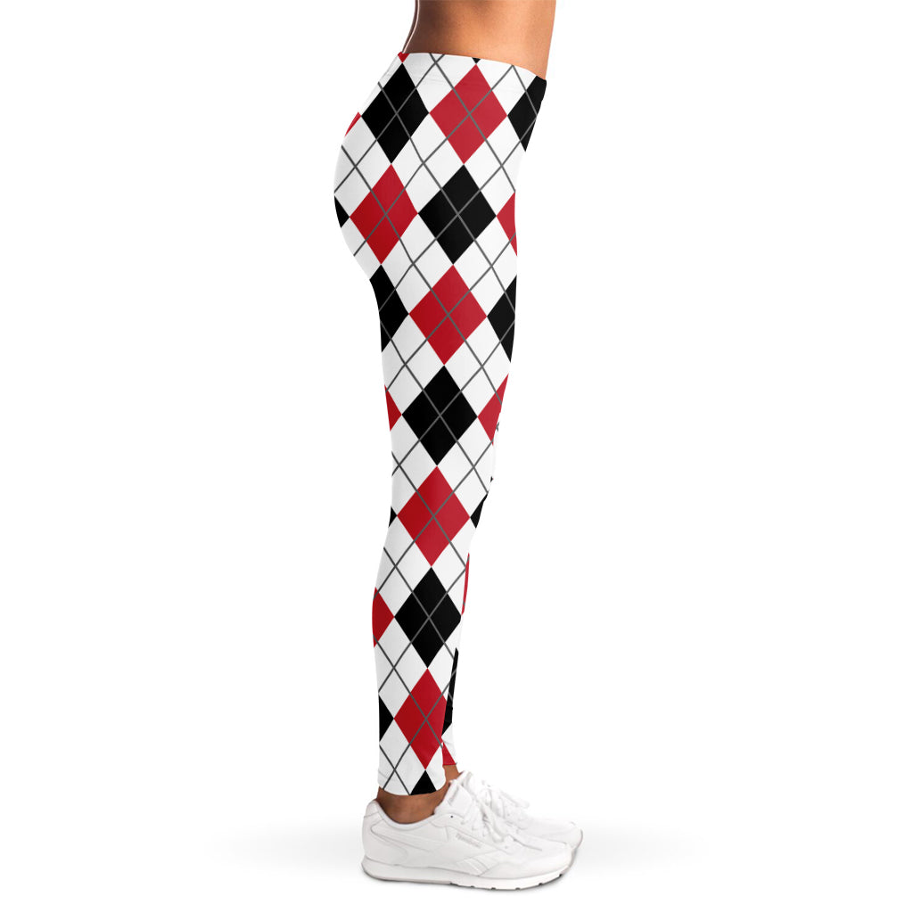 Red Black And White Argyle Pattern Print Women's Leggings