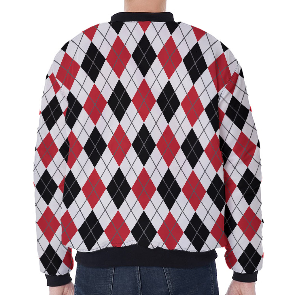 Red Black And White Argyle Pattern Print Zip Sleeve Bomber Jacket