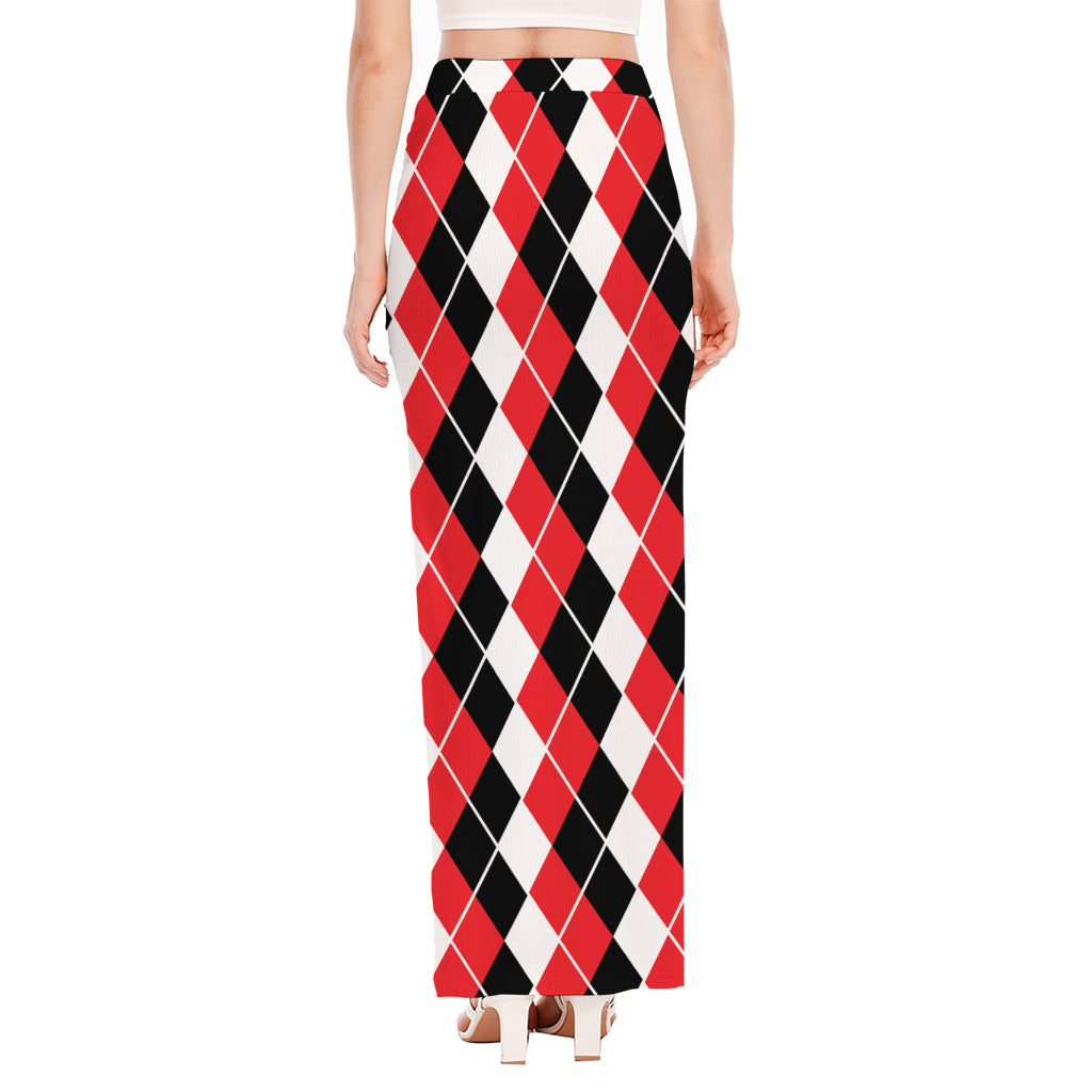Red Black And White Argyle Print High Slit Maxi Skirt