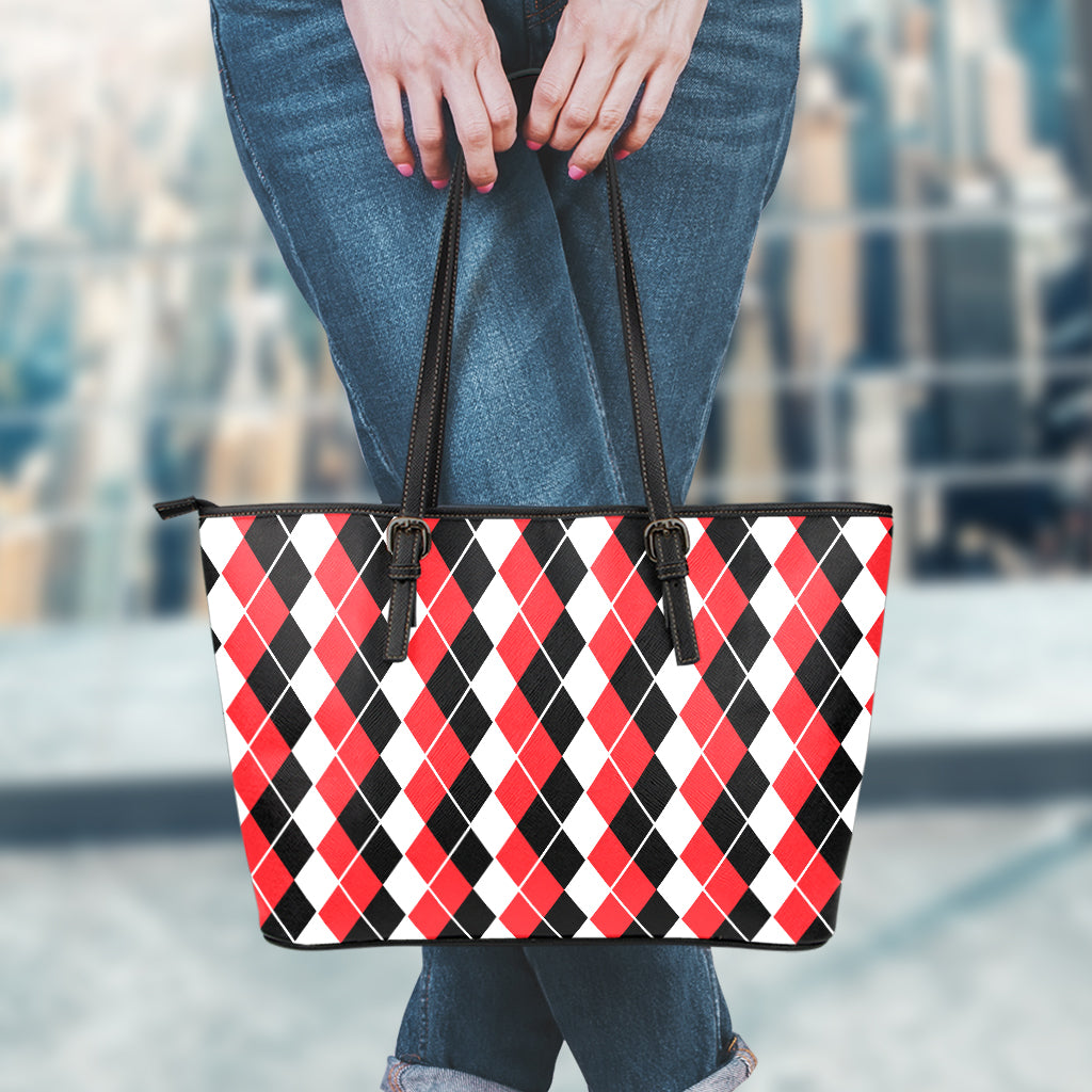 Red Black And White Argyle Print Leather Tote Bag