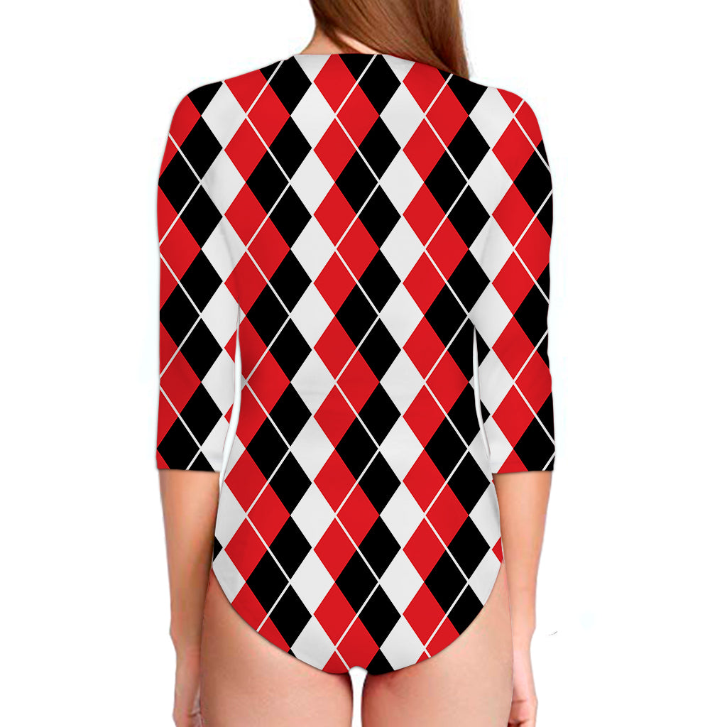 Red Black And White Argyle Print Long Sleeve Swimsuit