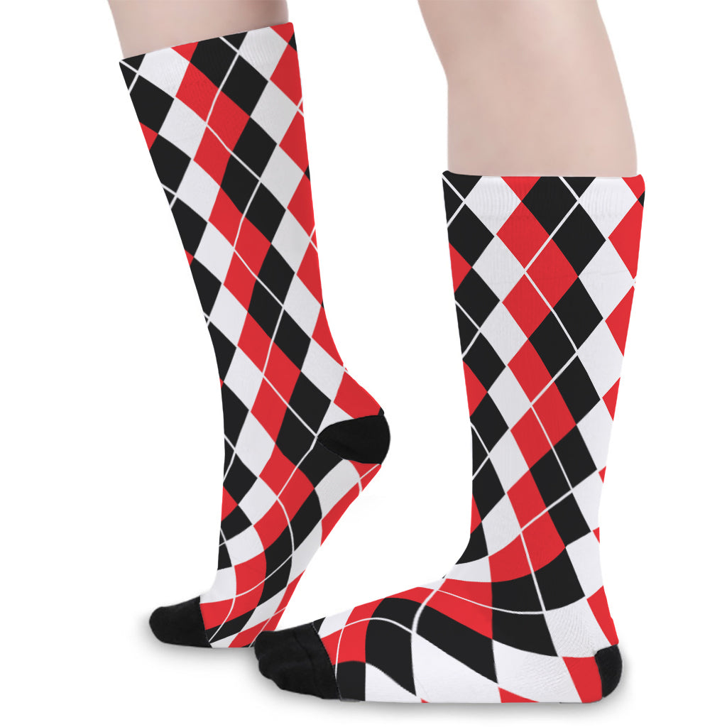 Red Black And White Argyle Print Long Socks