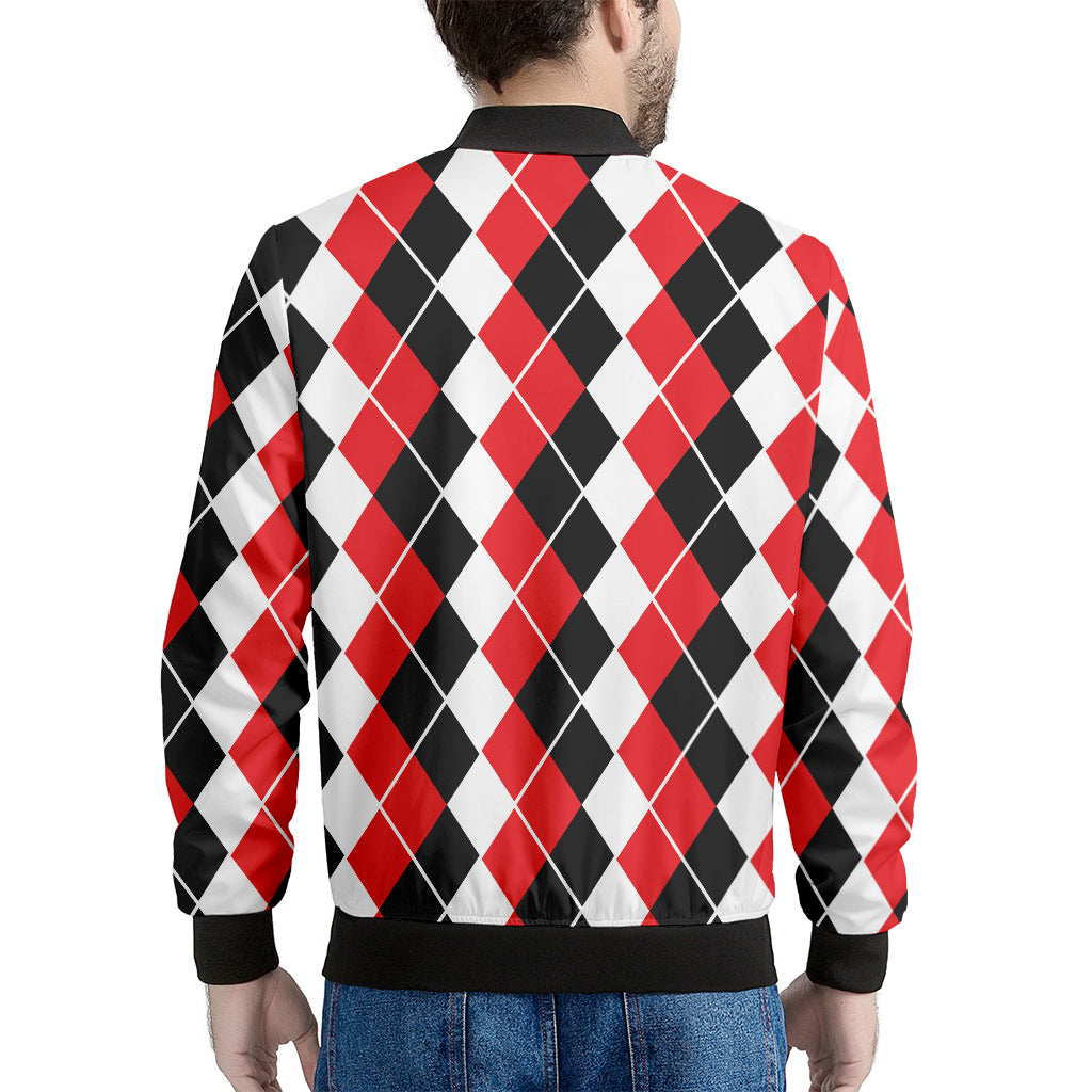 Red Black And White Argyle Print Men's Bomber Jacket