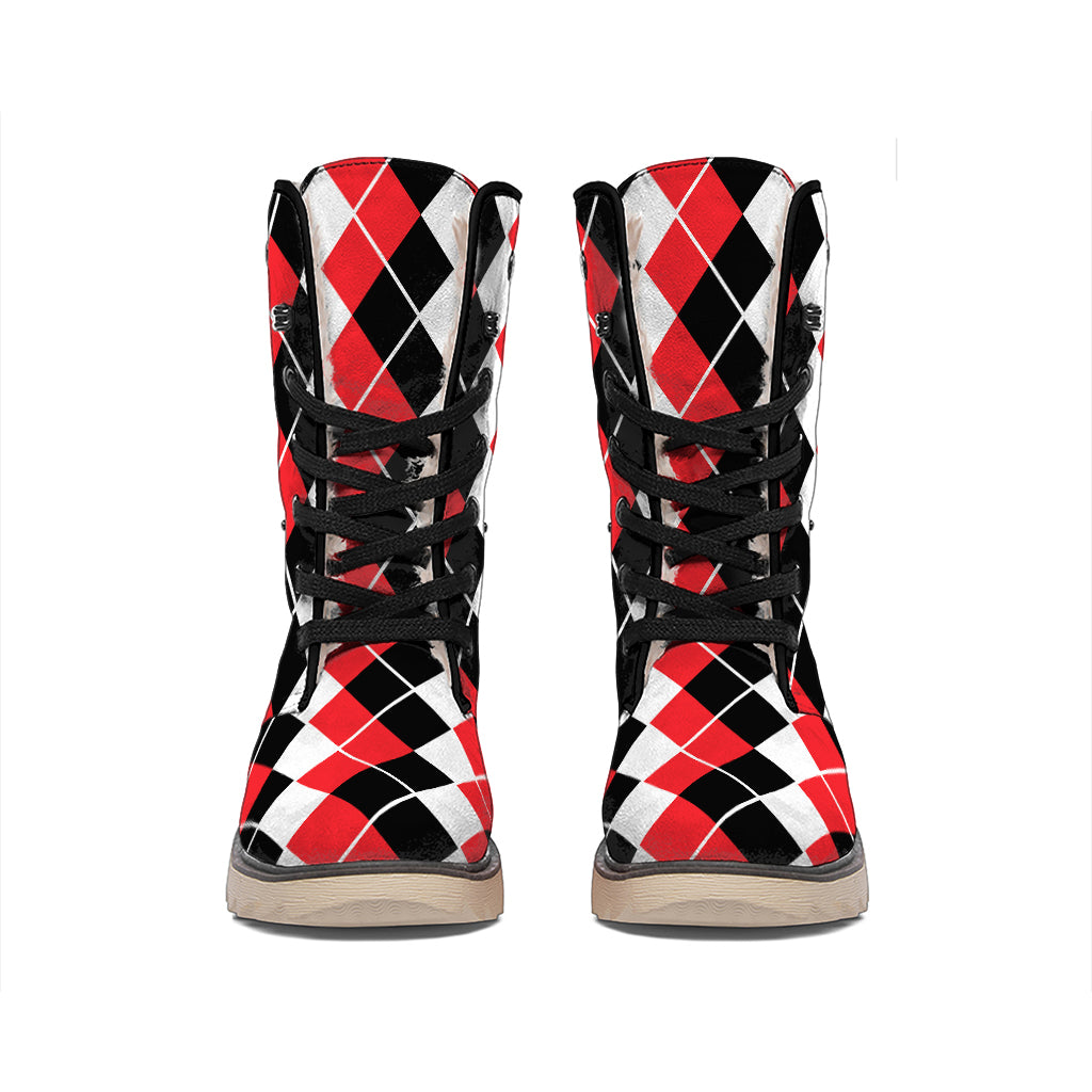 Red Black And White Argyle Print Winter Boots