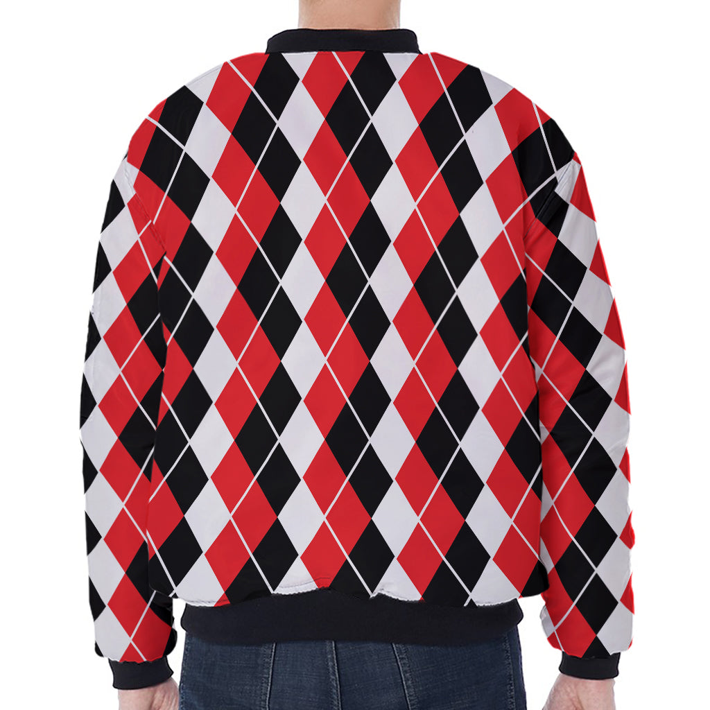 Red Black And White Argyle Print Zip Sleeve Bomber Jacket