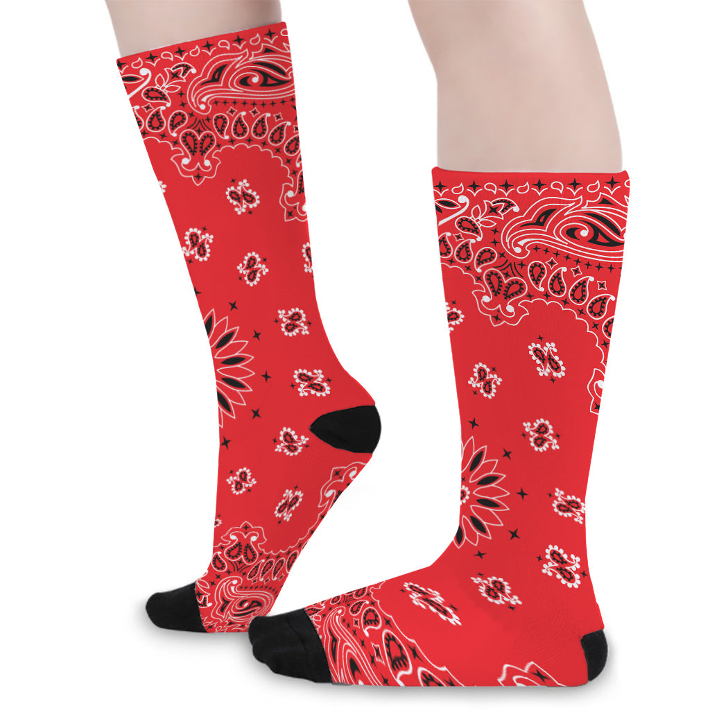 Red Black And White Bandana Print Long Socks
