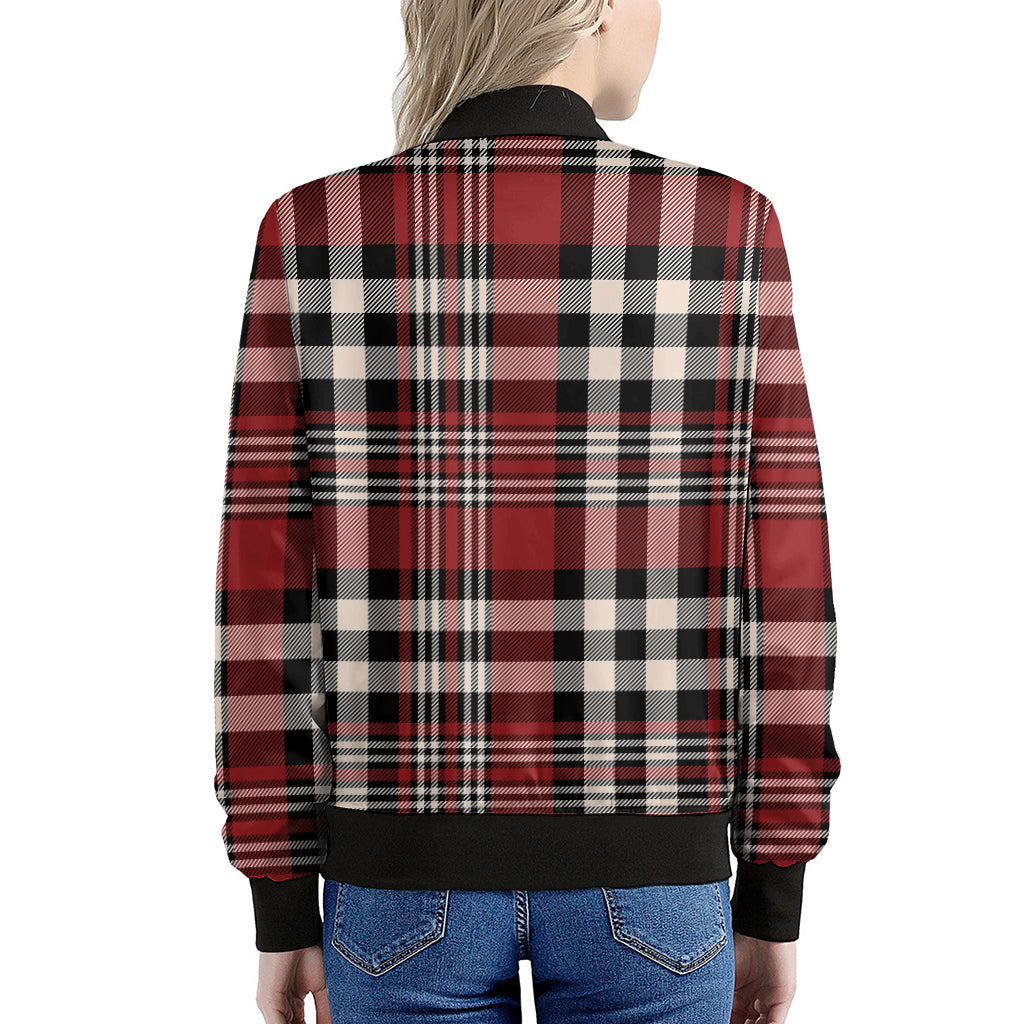 Red Black And White Border Tartan Print Women's Bomber Jacket