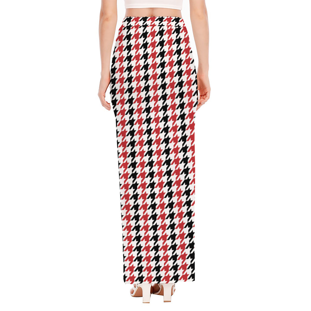 Red Black And White Houndstooth Print High Slit Maxi Skirt