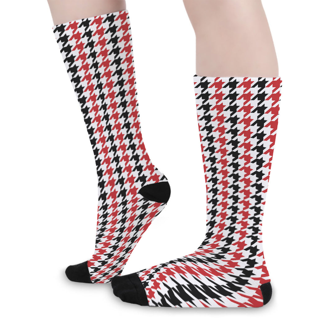Red Black And White Houndstooth Print Long Socks