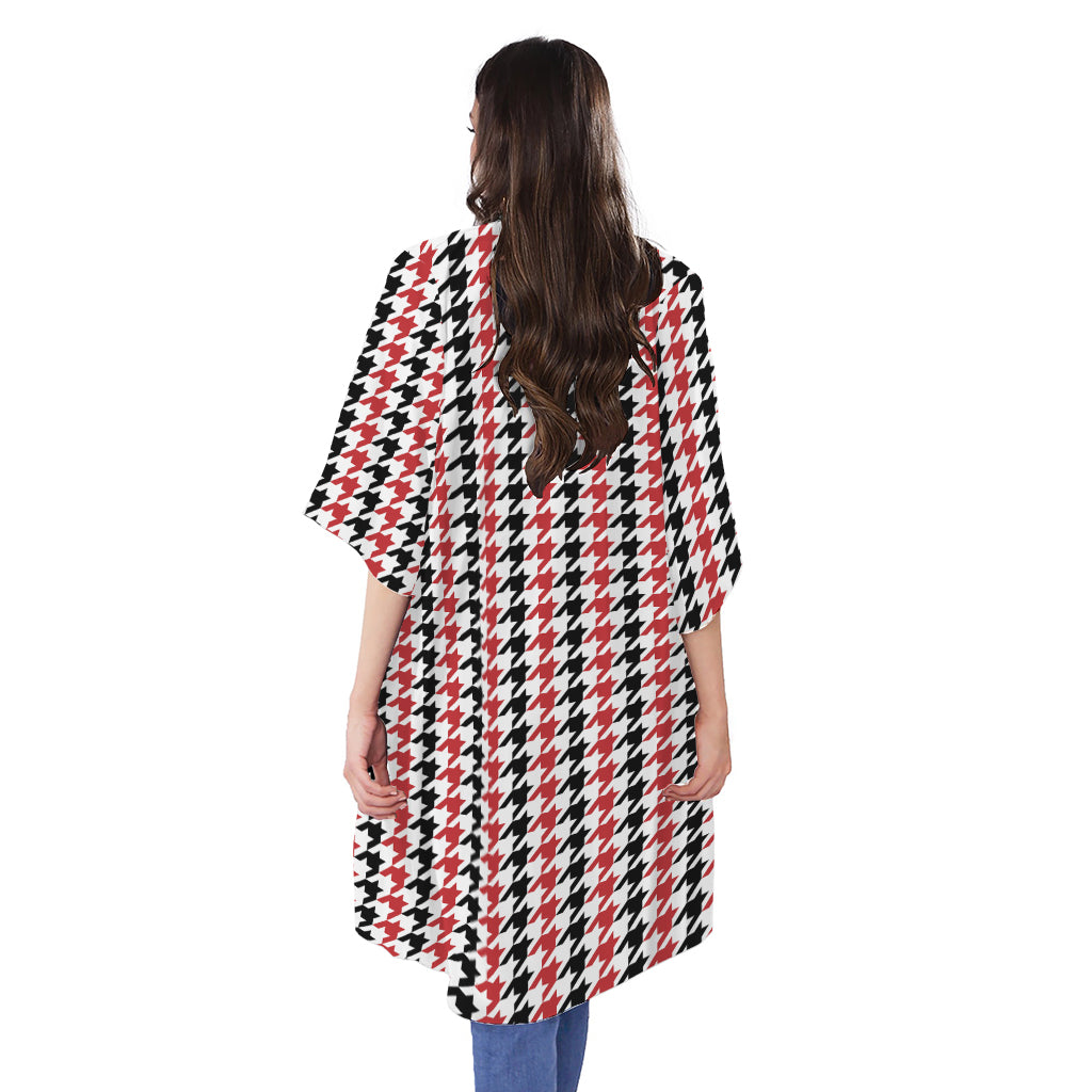Red Black And White Houndstooth Print Open Front Beach Cover Up