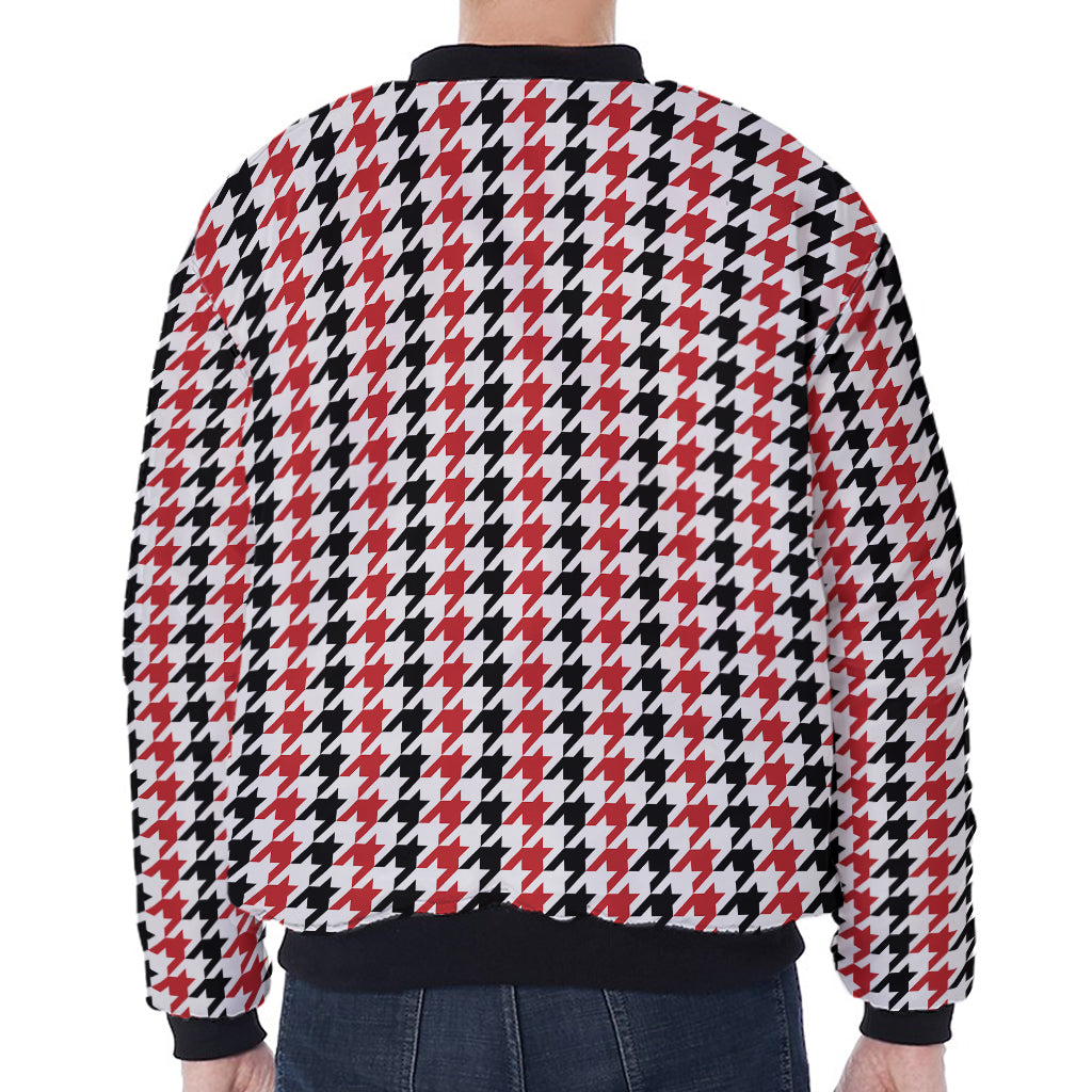 Red Black And White Houndstooth Print Zip Sleeve Bomber Jacket